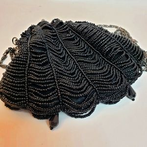 Beaded 1920s Style Flapper  Seashell Shaped Mini Purse in Black and Silver